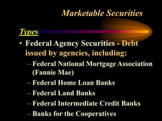 Marketable Securities
Types
• Federal Agency Securities - Debt
issued by agencies, including:
– Federal National Mortgage Association
(Fannie Mae)
– Federal Home Loan Banks
– Federal Land Banks
– Federal Intermediate Credit Banks
– Banks for the Cooperatives
 