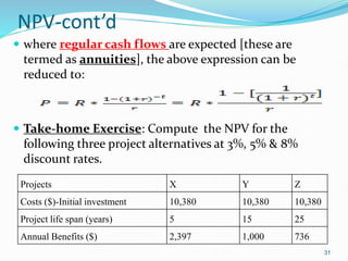 NPV-cont’d
 where regular cash flows are expected [these are
termed as annuities], the above expression can be
reduced to:
 Take-home Exercise: Compute the NPV for the
following three project alternatives at 3%, 5% & 8%
discount rates.
31
Projects X Y Z
Costs ($)-Initial investment 10,380 10,380 10,380
Project life span (years) 5 15 25
Annual Benefits ($) 2,397 1,000 736
 