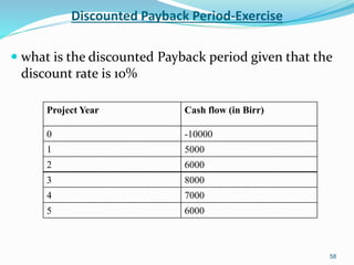 Discounted Payback Period-Exercise
 what is the discounted Payback period given that the
discount rate is 10%
58
Project Year Cash flow (in Birr)
0 -10000
1 5000
2 6000
3 8000
4 7000
5 6000
 