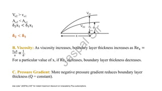 Vo2 > vo1
Ao2 < Ao1
δ2x1 < δ1x1
𝛅𝟐 < 𝛅𝟏
B. Viscosity: As viscosity increases, boundary layer thickness increases as Rex =
vox
ν
∝
1
δ
.
For a particular value of x, if Rex increases, boundary layer thickness decreases.
C. Pressure Gradient: More negative pressure gradient reduces boundary layer
thickness (Q = constant).
J
a
s
p
a
l
S
i
r
Use code "JASPALLIVE" for instant maximum discount on Unacademy Plus subscriptions.
 