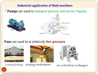 Pumps are used to transport process and service liquids.
Fans are used in at relatively low pressure
Industrial application of fluid machines
7
ventilating buildings aerating workstations air-cooled heat exchangers
 