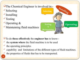The Chemical Engineer is involved in:-
Selecting
Installing
Testing
Operating &
Maintaining fluid machines
 To do these effectively the engineer has to know:-
 the system where the fluid machine is to be used
 the operating principles
 capability and limitations of the different types of fluid machines.
 the properties of fluids that has to be transported.
Selecting
Operating
Testing
V
Maintaining
Installing
8
 
