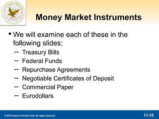 Money Market Instruments
    We will examine each of these in the
     following slides:
         ─       Treasury Bills
         ─       Federal Funds
         ─       Repurchase Agreements
         ─       Negotiable Certificates of Deposit
         ─       Commercial Paper
         ─       Eurodollars


© 2012 Pearson Prentice Hall. All rights reserved.       11-15
 