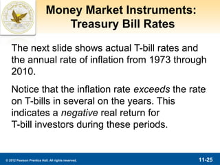 Money Market Instruments:
                               Treasury Bill Rates

   The next slide shows actual T-bill rates and
   the annual rate of inflation from 1973 through
   2010.
   Notice that the inflation rate exceeds the rate
   on T-bills in several on the years. This
   indicates a negative real return for
   T-bill investors during these periods.


© 2012 Pearson Prentice Hall. All rights reserved.      11-25
 