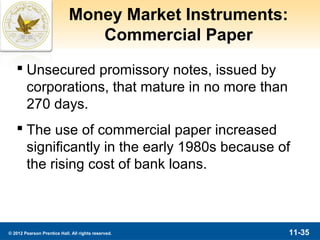 Money Market Instruments:
                                Commercial Paper
    Unsecured promissory notes, issued by
     corporations, that mature in no more than
     270 days.
    The use of commercial paper increased
     significantly in the early 1980s because of
     the rising cost of bank loans.



© 2012 Pearson Prentice Hall. All rights reserved.       11-35
 