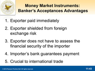 Money Market Instruments:
                         Banker’s Acceptances Advantages

   1. Exporter paid immediately
   2. Exporter shielded from foreign
      exchange risk
   3. Exporter does not have to assess the
      financial security of the importer
   4. Importer’s bank guarantees payment
   5. Crucial to international trade
© 2012 Pearson Prentice Hall. All rights reserved.     11-43
 