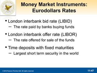 Money Market Instruments:
                                Eurodollars Rates
    London interbank bid rate (LIBID)
         ─ The rate paid by banks buying funds
    London interbank offer rate (LIBOR)
         ─ The rate offered for sale of the funds
    Time deposits with fixed maturities
         ─ Largest short term security in the world



© 2012 Pearson Prentice Hall. All rights reserved.       11-47
 