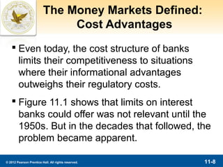 The Money Markets Defined:
                              Cost Advantages
    Even today, the cost structure of banks
     limits their competitiveness to situations
     where their informational advantages
     outweighs their regulatory costs.
    Figure 11.1 shows that limits on interest
     banks could offer was not relevant until the
     1950s. But in the decades that followed, the
     problem became apparent.

© 2012 Pearson Prentice Hall. All rights reserved.    11-8
 