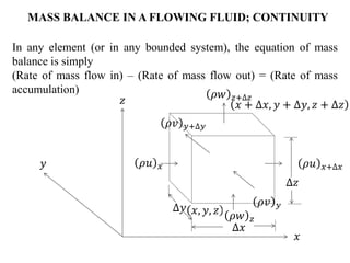 In any element (or in any bounded system), the equation of mass
balance is simply
(Rate of mass flow in) – (Rate of mass flow out) = (Rate of mass
accumulation)
MASS BALANCE IN A FLOWING FLUID; CONTINUITY
𝜌𝑢 𝑥 𝜌𝑢 𝑥+∆𝑥
𝑥, 𝑦, 𝑧
𝑥 + ∆𝑥, 𝑦 + ∆𝑦, 𝑧 + ∆𝑧
∆𝑥
∆𝑧
∆𝑦
𝑥
𝑧
𝑦
𝜌𝑤 𝑧
𝜌𝑤 𝑧+∆𝑧
𝜌𝑣 𝑦
𝜌𝑣 𝑦+∆𝑦
 