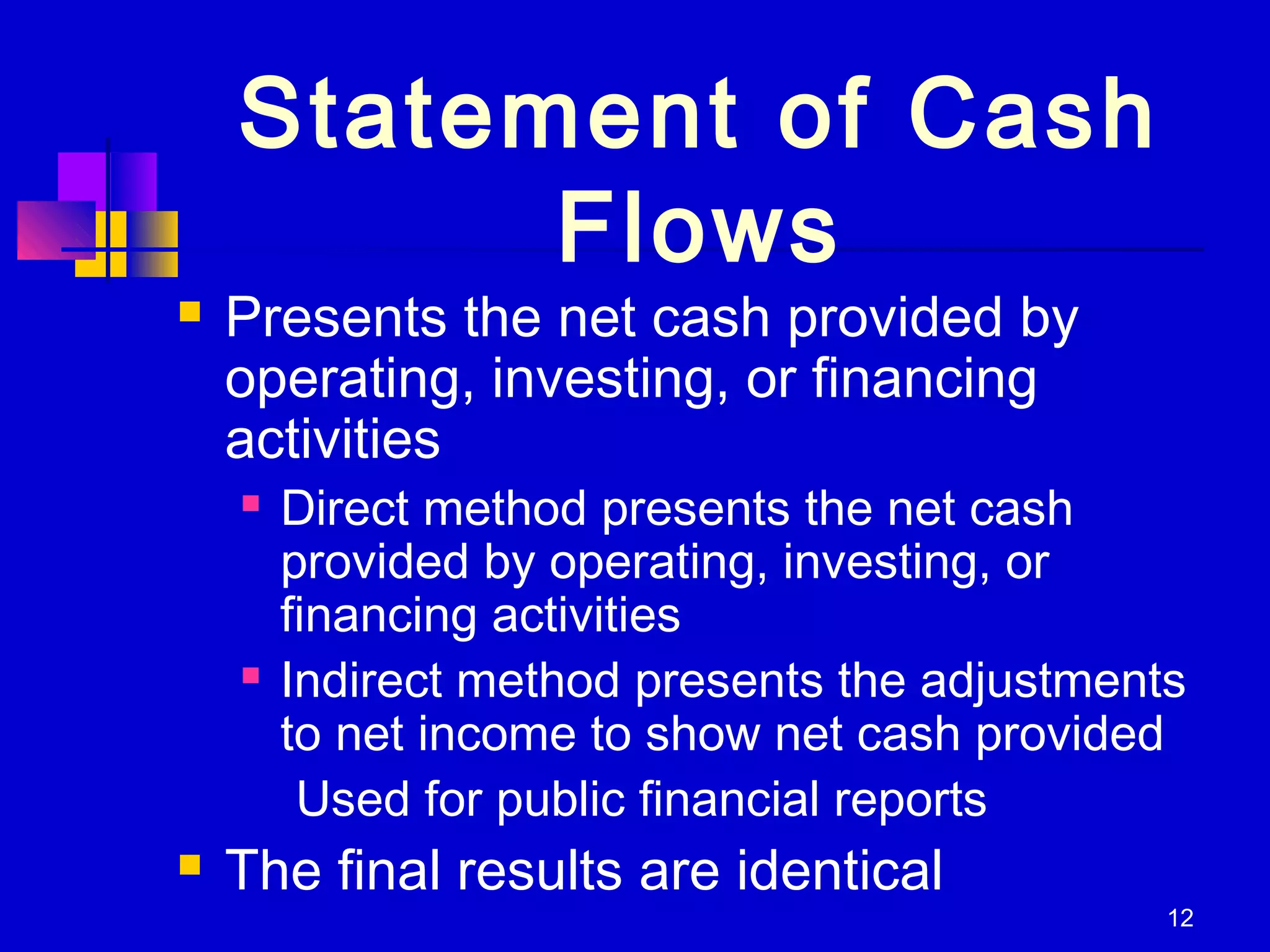 12
Statement of Cash
Flows
 Presents the net cash provided by
operating, investing, or financing
activities
 Direct method presents the net cash
provided by operating, investing, or
financing activities
 Indirect method presents the adjustments
to net income to show net cash provided
Used for public financial reports
 The final results are identical
 