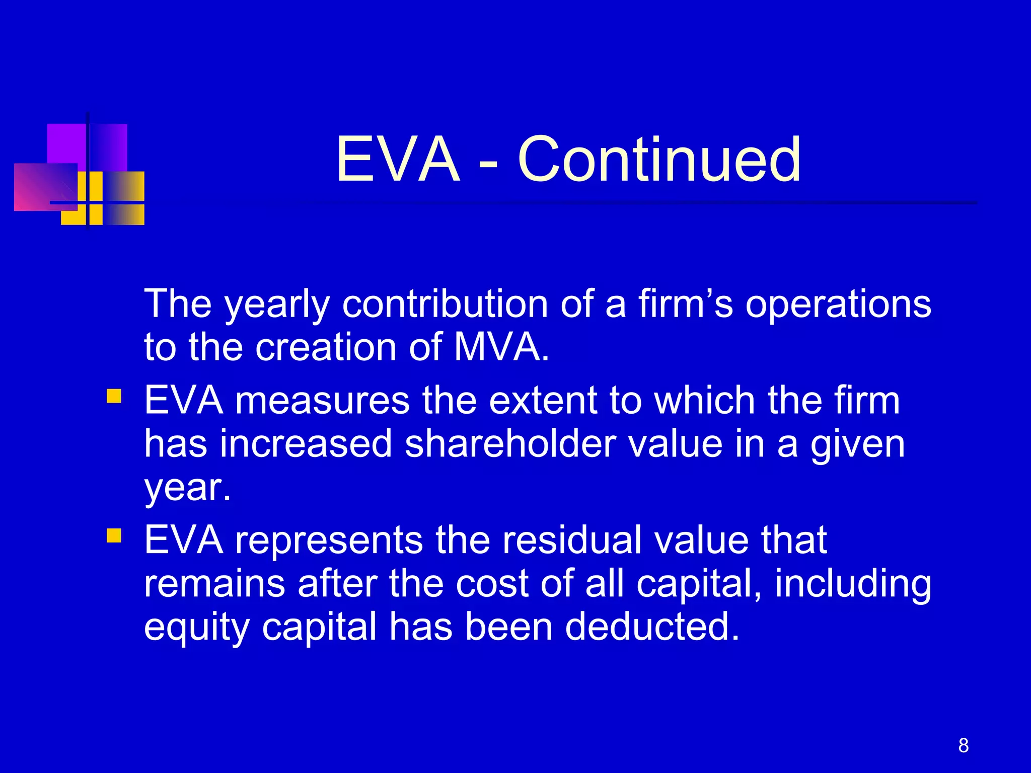 8
EVA - Continued
The yearly contribution of a firm’s operations
to the creation of MVA.
 EVA measures the extent to which the firm
has increased shareholder value in a given
year.
 EVA represents the residual value that
remains after the cost of all capital, including
equity capital has been deducted.
 