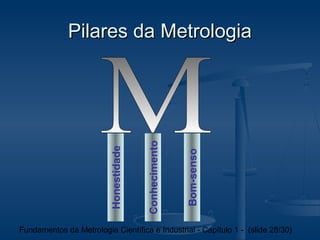 Pilares da Metrologia




                                        Conhecimento
                          Honestidade




                                                       Bom-senso


Fundamentos da Metrologia Científica e Industrial - Capítulo 1 - (slide 28/30)
 