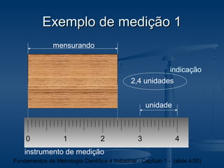 Exemplo de medição 1
                mensurando


                                                           indicação
                                                2,4 unidades


                                                       unidade



     0              1              2               3              4
    instrumento de medição
Fundamentos da Metrologia Científica e Industrial - Capítulo 1 - (slide 4/30)
 