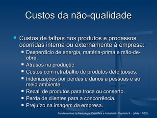 Fundamentos da Metrologia Científica e Industrial - Capítulo 9 - (slide 11/52)
Custos da não-qualidadeCustos da não-qualidade
 Custos de falhas nos produtos e processosCustos de falhas nos produtos e processos
ocorridas interna ou externamente à empresa:ocorridas interna ou externamente à empresa:
 Desperdício de energia, matéria-prima e mão-de-Desperdício de energia, matéria-prima e mão-de-
obra.obra.
 Atrasos na produção.Atrasos na produção.
 Custos com retrabalho de produtos defeituosos.Custos com retrabalho de produtos defeituosos.
 Indenizações por perdas e danos a pessoas e aoIndenizações por perdas e danos a pessoas e ao
meio ambiente.meio ambiente.
 Recall de produtos para troca ou conserto.Recall de produtos para troca ou conserto.
 Perda de clientes para a concorrência.Perda de clientes para a concorrência.
 Prejuízo na imagem da empresa.Prejuízo na imagem da empresa.
 