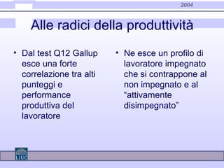 2004
Alle radici della produttività
• Dal test Q12 Gallup
esce una forte
correlazione tra alti
punteggi e
performance
produttiva del
lavoratore
• Ne esce un profilo di
lavoratore impegnato
che si contrappone al
non impegnato e al
“attivamente
disimpegnato”
 