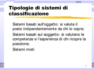 2004
6
Tipologie di sistemi di
classificazione
Sistemi basati sull’oggetto: si valuta il
posto indipendentemente da chi lo copre;
Sistemi basati sul soggetto: si valutano le
competenze e l’esperienza di chi ricopre la
posizione;
Sistemi misti
 