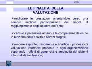 2004
migliorare le prestazioni orientandole verso una
sempre migliore partecipazione dei singoli al
raggiungimento degli obiettivi dell’ente;
censire il potenziale umano e le competenze detenute
in funzione delle attività e servizi erogati;
rendere esplicito, trasparente e analitico il processo di
valutazione informale presente in ogni organizzazione
superando i difetti di genericità e ambiguità dei sistemi
informali di valutazione;
LE FINALITA’ DELLA
VALUTAZIONE
 