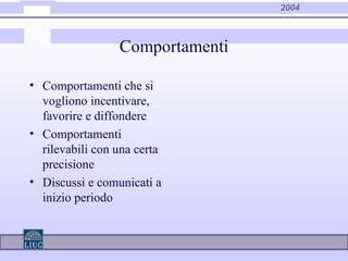 2004
Comportamenti
• Comportamenti che si
vogliono incentivare,
favorire e diffondere
• Comportamenti
rilevabili con una certa
precisione
• Discussi e comunicati a
inizio periodo
 