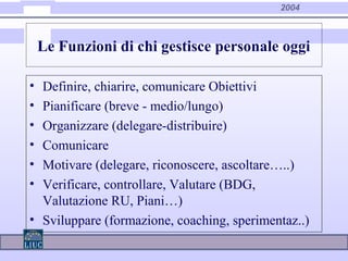 2004
Le Funzioni di chi gestisce personale oggi
• Definire, chiarire, comunicare Obiettivi
• Pianificare (breve - medio/lungo)
• Organizzare (delegare-distribuire)
• Comunicare
• Motivare (delegare, riconoscere, ascoltare…..)
• Verificare, controllare, Valutare (BDG,
Valutazione RU, Piani…)
• Sviluppare (formazione, coaching, sperimentaz..)
 