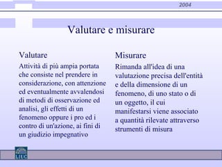 2004
Valutare e misurare
Valutare
Attività di più ampia portata
che consiste nel prendere in
considerazione, con attenzione
ed eventualmente avvalendosi
di metodi di osservazione ed
analisi, gli effetti di un
fenomeno oppure i pro ed i
contro di un'azione, ai fini di
un giudizio impegnativo
Misurare
Rimanda all'idea di una
valutazione precisa dell'entità
e della dimensione di un
fenomeno, di uno stato o di
un oggetto, il cui
manifestarsi viene associato
a quantità rilevate attraverso
strumenti di misura
 