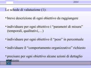 2004
Le schede di valutazione (1):
• breve descrizione di ogni obiettivo da raggiungere
• individuare per ogni obiettivo i “parametri di misura”
(temporali, qualitativi,…)
• individuare per ogni obiettivo il “peso” in percentuale
• individuare il “comportamento organizzativo” richiesto
• precisare per ogni obiettivo alcune azioni di dettaglio
richieste
 