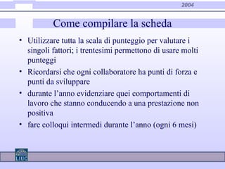 2004
Come compilare la scheda
• Utilizzare tutta la scala di punteggio per valutare i
singoli fattori; i trentesimi permettono di usare molti
punteggi
• Ricordarsi che ogni collaboratore ha punti di forza e
punti da sviluppare
• durante l’anno evidenziare quei comportamenti di
lavoro che stanno conducendo a una prestazione non
positiva
• fare colloqui intermedi durante l’anno (ogni 6 mesi)
 