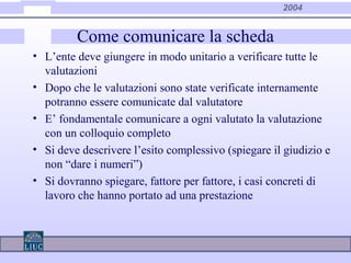 2004
Come comunicare la scheda
• L’ente deve giungere in modo unitario a verificare tutte le
valutazioni
• Dopo che le valutazioni sono state verificate internamente
potranno essere comunicate dal valutatore
• E’ fondamentale comunicare a ogni valutato la valutazione
con un colloquio completo
• Si deve descrivere l’esito complessivo (spiegare il giudizio e
non “dare i numeri”)
• Si dovranno spiegare, fattore per fattore, i casi concreti di
lavoro che hanno portato ad una prestazione
 