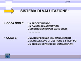 2004
 COSA NON E’ UN PROCEDIMENTO
UN CALCOLO MATEMATICO
UNO STRUMENTO PER DARE SOLDI
…………….
 COSA E’ UNA COMPETENZA DEL MANAGEMENT
UNA DELLE LEVE DI GESTIONE E SVILUPPO
UN INSIEME DI PROCESSI CONCATENATI
SISTEMA DI VALUTAZIONE:
 
