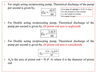 • For single acting reciprocating pump, Theoretical discharge of the pump
per second is given by,
• For Double acting reciprocating pump, Theoretical discharge of the
pump per second is given by, (If piston rod area is neglected)
• For Double acting reciprocating pump, Theoretical discharge of the
pump per second is given by, (If piston rod area is considered)
• Ap is the area of piston rod = Π d2 /4, where d is the diameter of piston
rod
A is area of cylinder = Π D2 /4 where
D is the diameter of the cylinder
L is the length of cylinder
N is speed in rpm
 