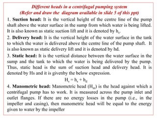 Different heads in a centrifugal pumping system
(Refer and draw the diagram available in slide 5 of this ppt)
1. Suction head: It is the vertical height of the centre line of the pump
shaft above the water surface in the sump from which water is being lifted.
It is also known as static suction lift and it is denoted by hs.
2. Delivery head: It is the vertical height of the water surface in the tank
to which the water is delivered above the centre line of the pump shaft. It
is also known as static delivery lift and it is denoted by hd.
3. Static head: It is the vertical distance between the water surface in the
sump and the tank to which the water is being delivered by the pump.
Thus, static head is the sum of suction head and delivery head. It is
denoted by Hs and it is givenby the below expression.
Hs = hs + hd
4. Manometric head: Manometric head (Hm) is the head against which a
centrifugal pump has to work. It is measured across the pump inlet and
outlet flanges. If there are no energy losses in the pump (i.e., in the
impeller and casing), then manometric head will be equal to the energy
given to water by the impeller
 