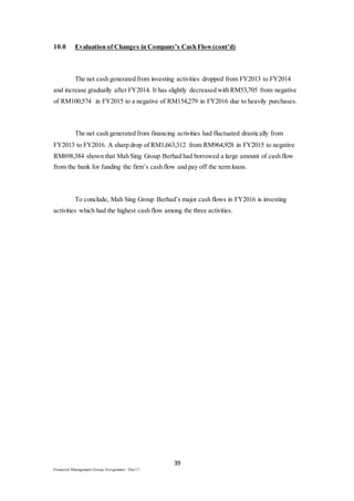 39
Financial Management Group Assignment / Dec17
10.0 Evaluation of Changes in Company’s Cash Flow(cont’d)
The net cash generated from investing activities dropped from FY2013 to FY2014
and increase gradually after FY2014. It has slightly decreased with RM53,705 from negative
of RM100,574 in FY2015 to a negative of RM154,279 in FY2016 due to heavily purchases.
The net cash generated from financing activities had fluctuated drastically from
FY2013 to FY2016. A sharp drop of RM1,663,312 from RM964,928 in FY2015 to negative
RM698,384 shown that Mah Sing Group Berhad had borrowed a large amount of cash flow
from the bank for funding the firm’s cash flow and pay off the term loans.
To conclude, Mah Sing Group Berhad’s major cash flows in FY2016 is investing
activities which had the highest cash flow among the three activities.
 