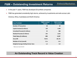 F&M – Outstanding Investment Returns
7
An Outstanding Track Record in Value Creation
 In the past 11 years, F&M has developed 28 portfolio companies
 F&M has generated consistently high returns, achieved by investments and exits across Latin
America, Africa, Australasia and North America
1 Data is as of June 30, 2013
Core Portfolio1 F&M Invested
Capital
F&M including
Co-investors
Number of Transactions 28 28
Capital Invested ($ millions) 139 1,498
Unrealized Proceeds ($ millions) 55 388
Realized Proceeds ($ millions) 235 1,910
Total Value ($ millions) 289 2,297
Gross IRR 78.5% 181.3%
Multiple of Cost (overall) 2.1x 1.5x
Weighted Average Holding Period, Years 1.3 0.4
 