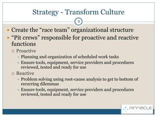 Strategy - Transform Culture
                                    9

 Create the “race team” organizational structure
 “P...