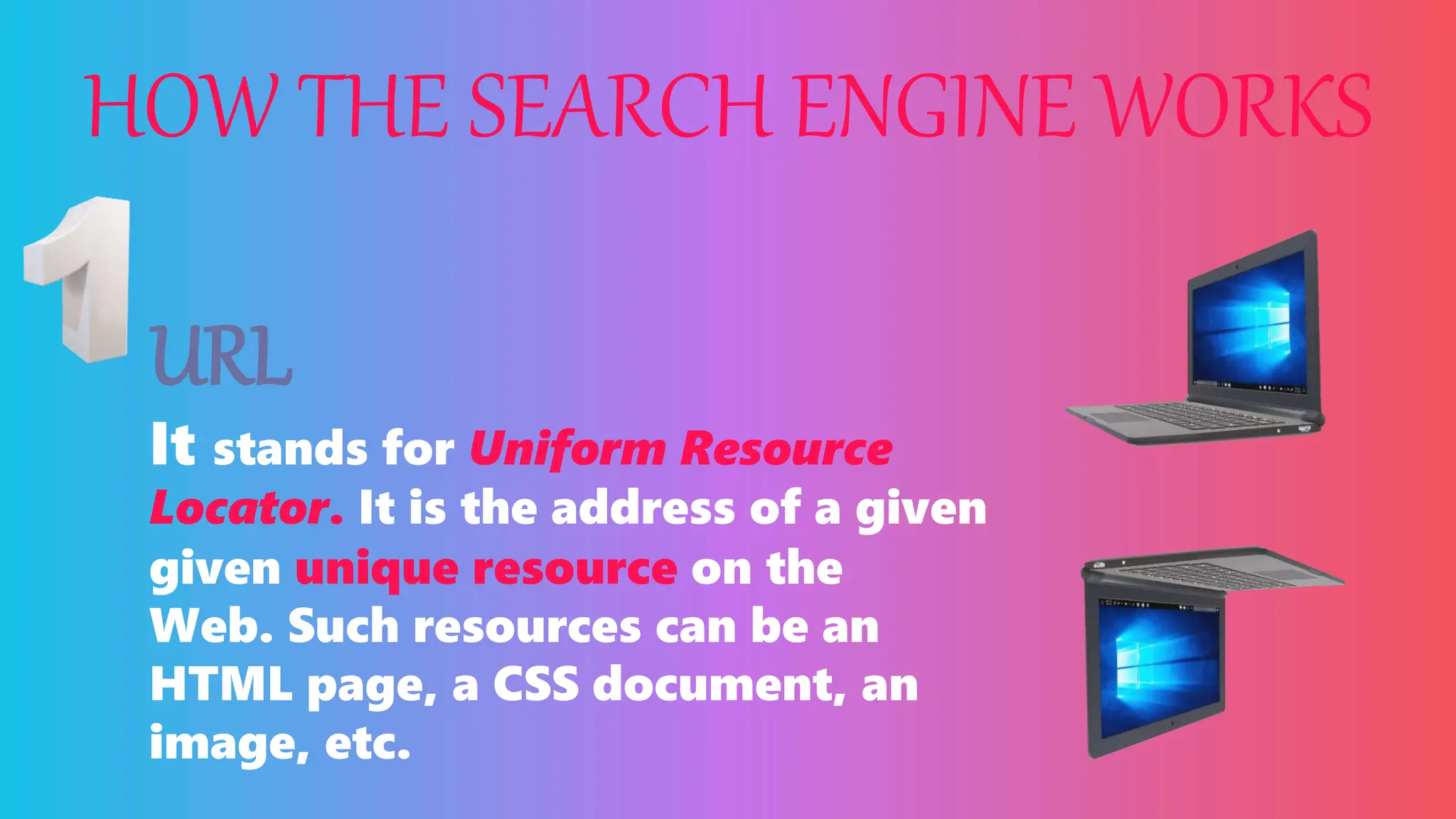 HOW THE SEARCH ENGINE WORKS
URL
It stands for Uniform Resource
Locator. It is the address of a given
given unique resource on the
Web. Such resources can be an
HTML page, a CSS document, an
image, etc.
 