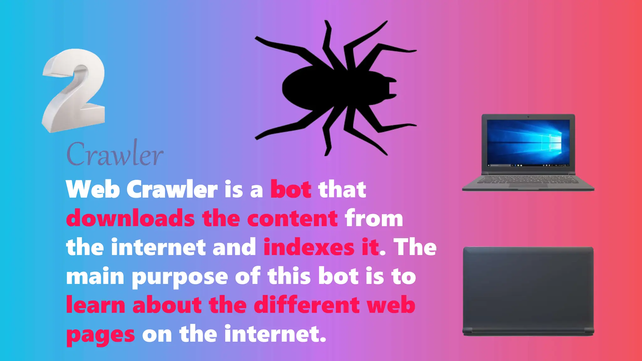 Crawler
Web Crawler is a bot that
downloads the content from
the internet and indexes it. The
main purpose of this bot is to
learn about the different web
pages on the internet.
 