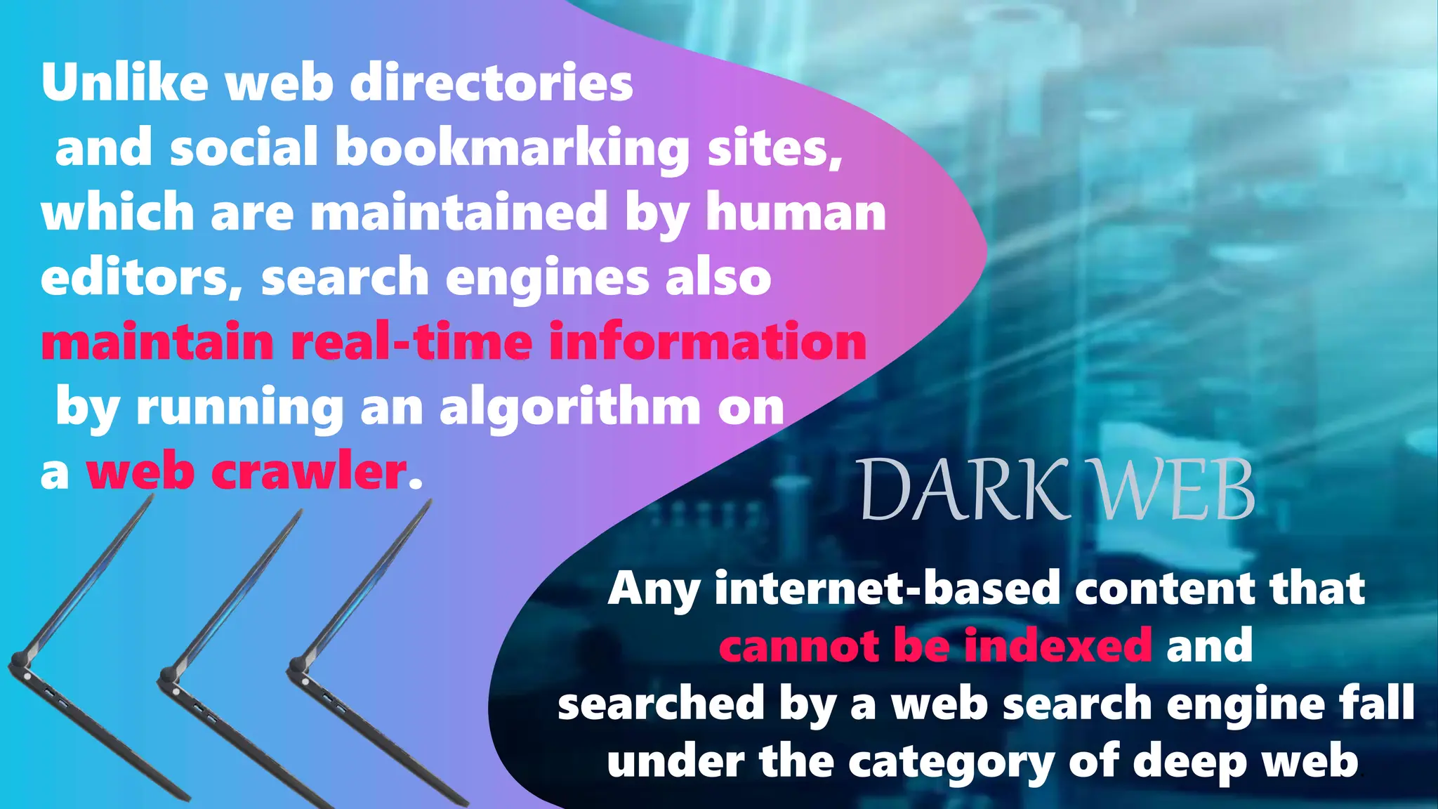 Unlike web directories
and social bookmarking sites,
which are maintained by human
editors, search engines also
maintain real-time information
by running an algorithm on
a web crawler.
DARK WEB
Any internet-based content that
cannot be indexed and
searched by a web search engine fall
under the category of deep web.
 