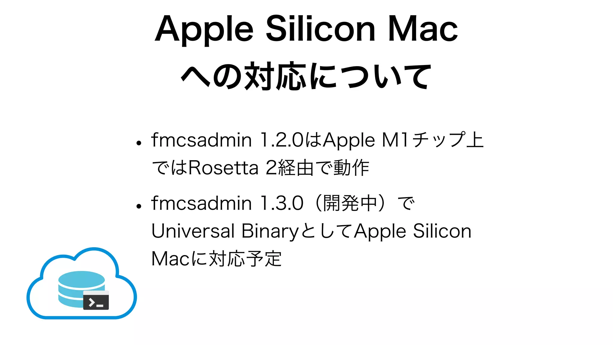 Apple Silicon Mac
への対応について
•fmcsadmin 1.2.0はApple M1チップ上
ではRosetta 2経由で動作
•fmcsadmin 1.3.0（開発中）で
Universal BinaryとしてApple Silicon
Macに対応予定
 