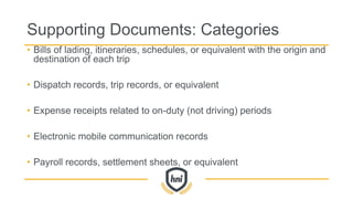 Supporting Documents: Categories
• Bills of lading, itineraries, schedules, or equivalent with the origin and
destination of each trip
• Dispatch records, trip records, or equivalent
• Expense receipts related to on-duty (not driving) periods
• Electronic mobile communication records
• Payroll records, settlement sheets, or equivalent
 
