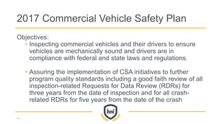 Objectives:
• Inspecting commercial vehicles and their drivers to ensure
vehicles are mechanically sound and drivers are in
compliance with federal and state laws and regulations.
• Assuring the implementation of CSA initiatives to further
program quality standards including a good faith review of all
inspection-related Requests for Data Review (RDRs) for
three years from the date of inspection and for all crash-
related RDRs for five years from the date of the crash
2017 Commercial Vehicle Safety Plan
46
 