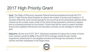 • Goal: The State of Wisconsin requests Federal financial assistance through the FFY
2016-17 High Priority Grant Program to reduce the number of dump truck crashes in 13
counties where frac sand mining operations are occurring and to proactively address these
crashes as the number and/or scale of frac sand mining operations continue to expand
due to increasing demand for the product. Grant funds will be used to support activities
that provide targeted enforcement and education activities as the strategy to meet this
goal.
• Objective: By the end of FFY 2017, Wisconsin proposes to reduce the number of dump
truck crashes overall by 5.0% of the 2012-2014 average overall through mobile
inspections/ enforcement in the targeted counties and through the education of motor
carriers and their employees in the target areas.
2017 High Priority Grant
56
 