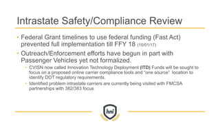 Intrastate Safety/Compliance Review
• Federal Grant timelines to use federal funding (Fast Act)
prevented full implementation till FFY 18 (10/01/17)
• Outreach/Enforcement efforts have begun in part with
Passenger Vehicles yet not formalized.
• CVISN now called Innovation Technology Deployment (ITD) Funds will be sought to
focus on a proposed online carrier compliance tools and “one source” location to
identify DOT regulatory requirements.
• Identified problem intrastate carriers are currently being visited with FMCSA
partnerships with 382/383 focus
 