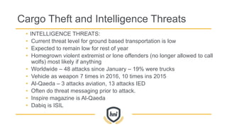 Cargo Theft and Intelligence Threats
• INTELLIGENCE THREATS:
• Current threat level for ground based transportation is low
• Expected to remain low for rest of year
• Homegrown violent extremist or lone offenders (no longer allowed to call
wolfs) most likely if anything
• Worldwide – 48 attacks since January – 19% were trucks
• Vehicle as weapon 7 times in 2016, 10 times ins 2015
• Al-Qaeda – 3 attacks aviation, 13 attacks IED
• Often do threat messaging prior to attack.
• Inspire magazine is Al-Qaeda
• Dabiq is ISIL
 