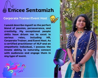 Female Emcee Sentamizh from Chennai for Birthday and Corporate Events