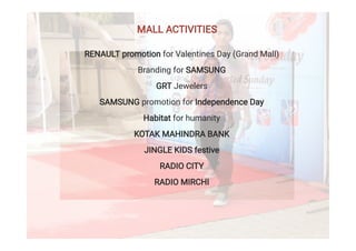 RENAULT promotion for Valentines Day (Grand Mall)
Branding for SAMSUNG
GRT Jewelers
SAMSUNG promotion for Independence Day
Habitat for humanity
KOTAK MAHINDRA BANK
JINGLE KIDS festive
RADIO CITY
RADIO MIRCHI
MALL ACTIVITIES
 