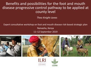 Theo Knight-Jones
Benefits and possibilities for the foot and mouth
disease progressive control pathway to be applied at
county level
Expert consultative workshop on foot and mouth disease risk-based strategic plan
Naivasha, Kenya
11–12 September 2019
 