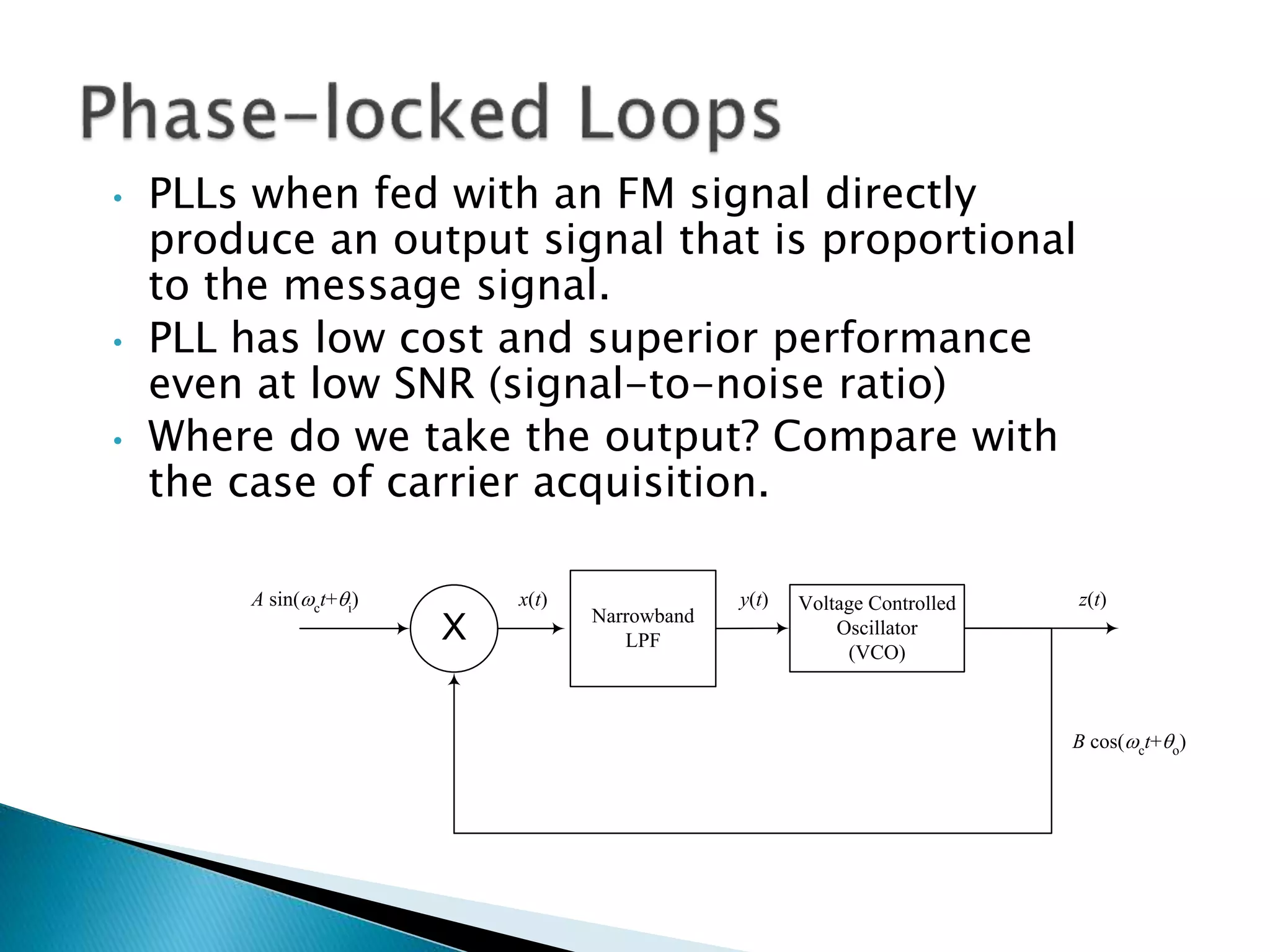 Narrowband
LPF
X
Voltage Controlled
Oscillator
(VCO)
A sin(ct+i)
B cos(ct+o)
x(t) y(t) z(t)
• PLLs when fed with an FM signal directly
produce an output signal that is proportional
to the message signal.
• PLL has low cost and superior performance
even at low SNR (signal-to-noise ratio)
• Where do we take the output? Compare with
the case of carrier acquisition.
 