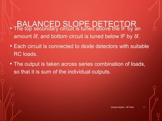 BALANCED SLOPE DETECTOR• The top secondary circuit is tuned above the IF by an
amount δf, and bottom circuit is tuned below IF by δf.
• Each circuit is connected to diode detectors with suitable
RC loads.
• The output is taken across series combination of loads,
so that it is sum of the individual outputs.
Umera Anjum - M.Tech 23
 