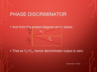 PHASE DISCRIMINATOR
• And from the phasor diagram given below :
• That as Vao=Vbo, hence discriminator output is zero.
Umera Anjum - M.Tech 33
2
abV
2
abV
−
Vao
Vbo
 