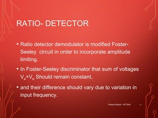 RATIO- DETECTOR
• Ratio detector demodulator is modified Foster-
Seeley circuit in order to incorporate amplitude
limiting.
• In Foster-Seeley discriminator that sum of voltages
Vao+Vbo Should remain constant,
• and their difference should vary due to variation in
input frequency.
Umera Anjum - M.Tech 40
 