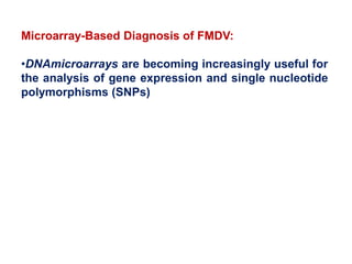 Microarray-Based Diagnosis of FMDV:
•DNAmicroarrays are becoming increasingly useful for
the analysis of gene expression and single nucleotide
polymorphisms (SNPs)
 